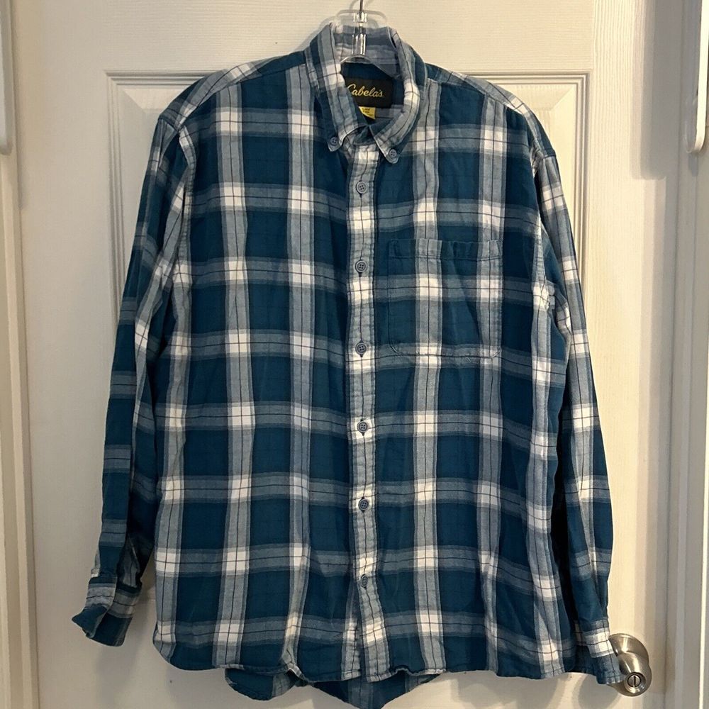 Cabelas‎ Flannel Shirt Mens L Regular Blue Plaid Long Sleeve Cotton Button Down